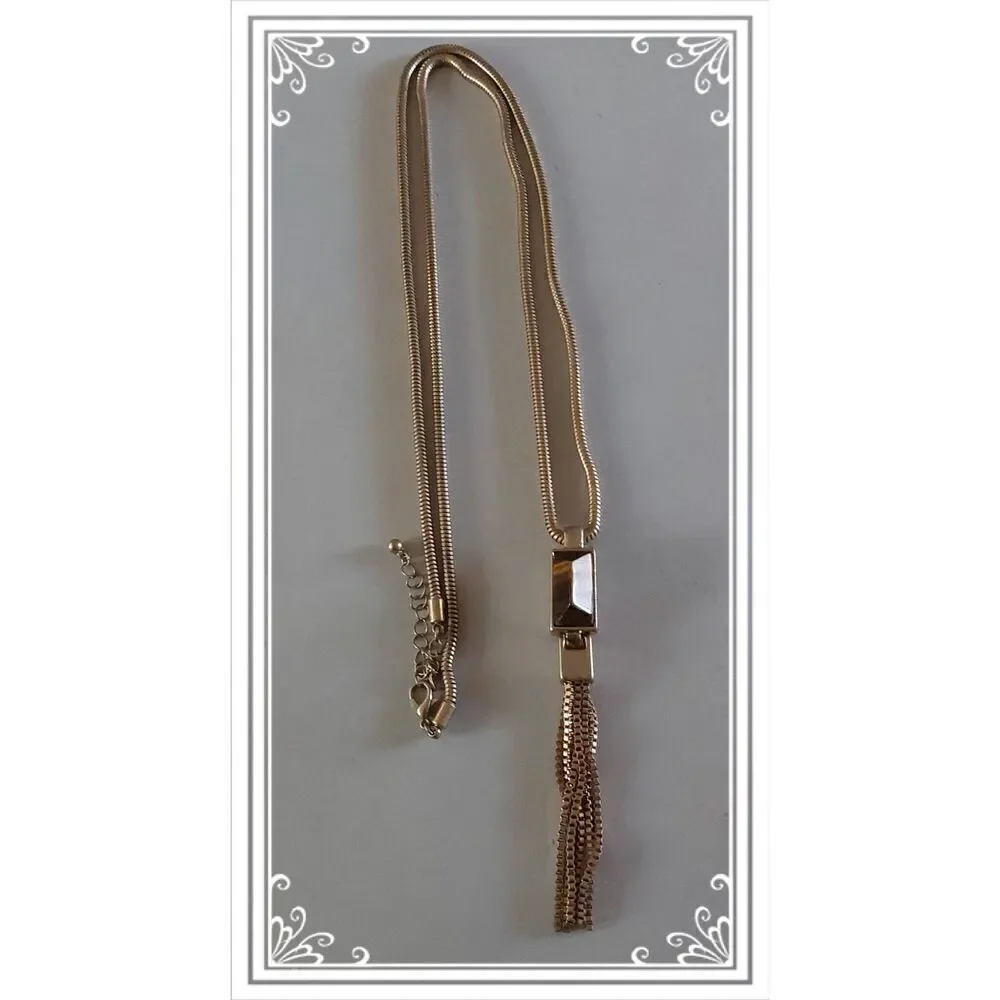 Vintage Goldtone Double Length Tiger Eye Gemstone Fringe Necklace